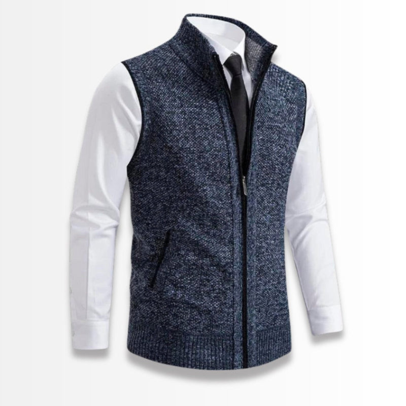 Ermenegildo Full-Zip Vest Navy – Elegant sleeveless wool blend vest in navy, perfect over a white shirt for a refined masculine look.
