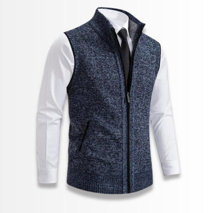 Ermenegildo Full-Zip Vest Navy – Elegant sleeveless wool blend vest in navy, perfect over a white shirt for a refined masculine look.