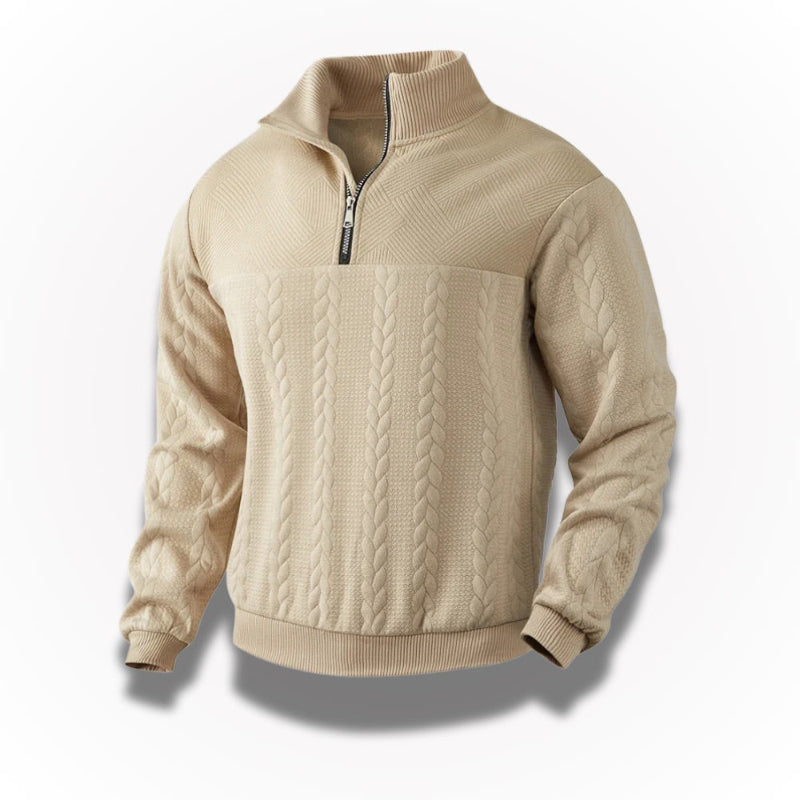 Ermenegildo Premium Quarter-Zip Sweater in beige – angled front view showcasing the refined cable knit texture and structured collar of this elegant men's pullover by Polumi