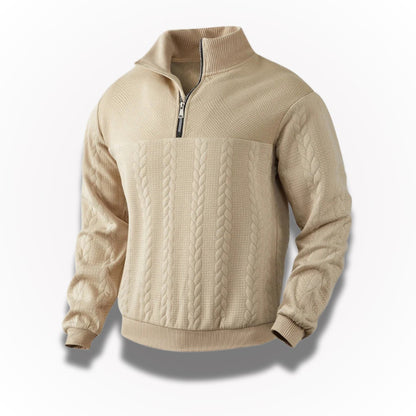 Ermenegildo Premium Quarter-Zip Sweater in beige – angled front view showcasing the refined cable knit texture and structured collar of this elegant men's pullover by Polumi