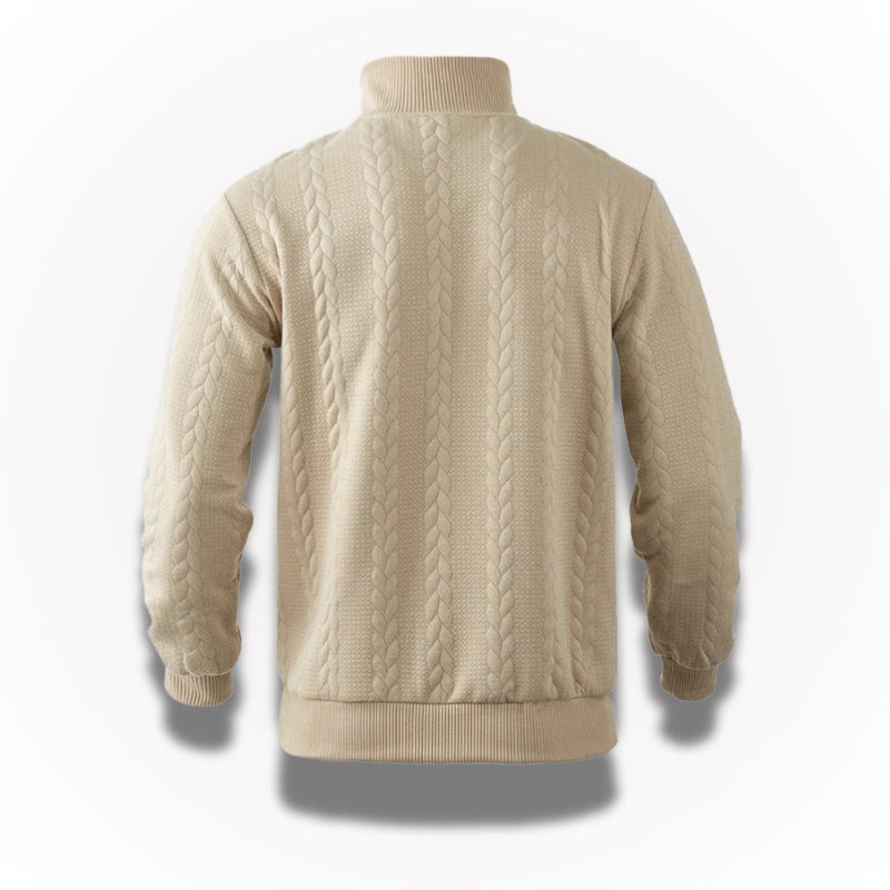 Back view of the Ermenegildo Premium Quarter-Zip Sweater in beige – detailed look at the continuous cable knit pattern and ribbed hem design for a refined finish by Polumi.