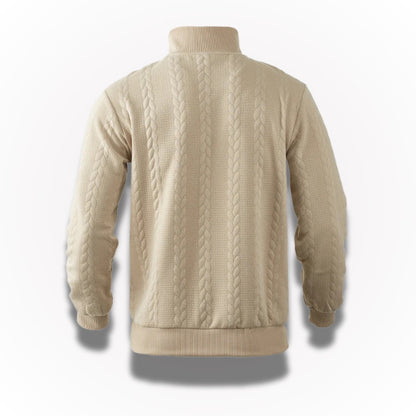 Back view of the Ermenegildo Premium Quarter-Zip Sweater in beige – detailed look at the continuous cable knit pattern and ribbed hem design for a refined finish by Polumi.