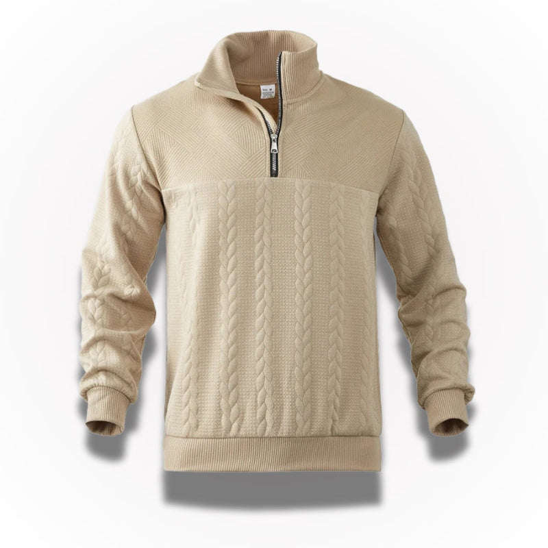 Ermenegildo Premium Quarter-Zip Sweater in beige – men's high-quality knit sweater with cable pattern, soft texture and elegant quarter-zip design by Polumi.