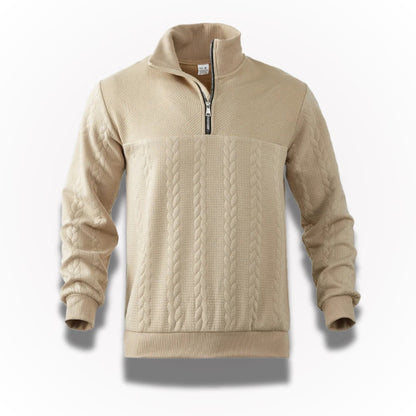 Ermenegildo Premium Quarter-Zip Sweater in beige – men's high-quality knit sweater with cable pattern, soft texture and elegant quarter-zip design by Polumi.