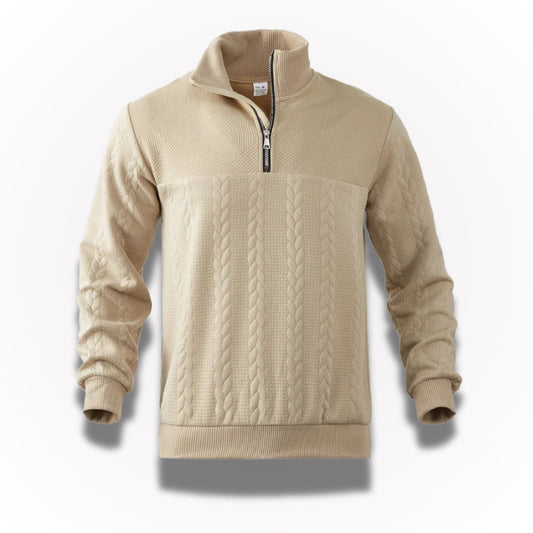 Ermenegildo Premium Quarter-Zip Sweater in beige – men's high-quality knit sweater with cable pattern, soft texture and elegant quarter-zip design by Polumi.