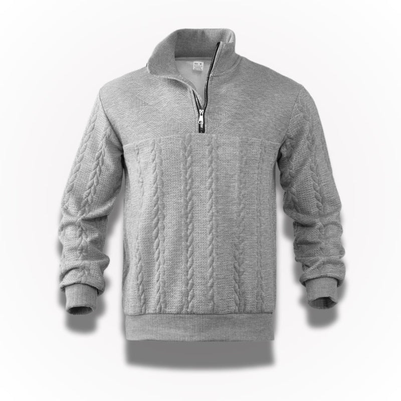 Ermenegildo Premium Quarter-Zip Sweater in gray – refined men's knit sweater with textured cable design and classic quarter-zip collar by Polumi.
