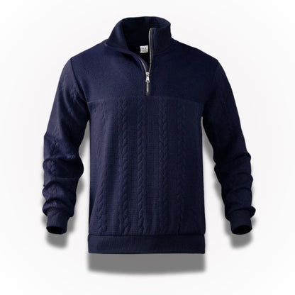 Ermenegildo Premium Quarter-Zip Sweater in navy – luxury men's sweater featuring cable knit pattern, soft cotton blend and sophisticated zip collar by Polumi.