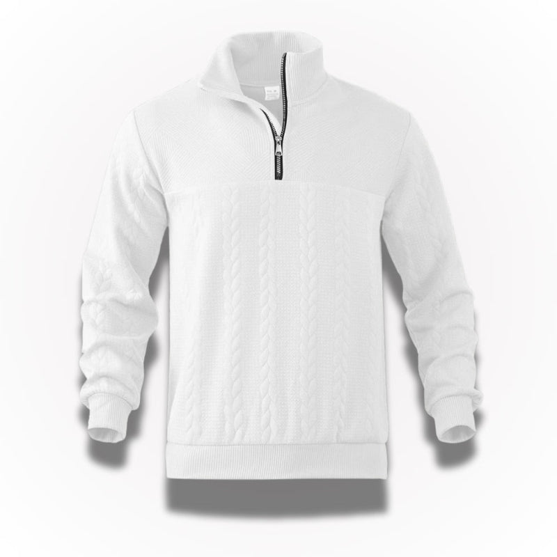 Ermenegildo Premium Quarter-Zip Sweater in white – elegant men's quarter-zip sweater with textured knit details and premium cotton comfort by Polumi.