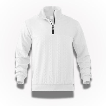 Ermenegildo Premium Quarter-Zip Sweater in white – elegant men's quarter-zip sweater with textured knit details and premium cotton comfort by Polumi.