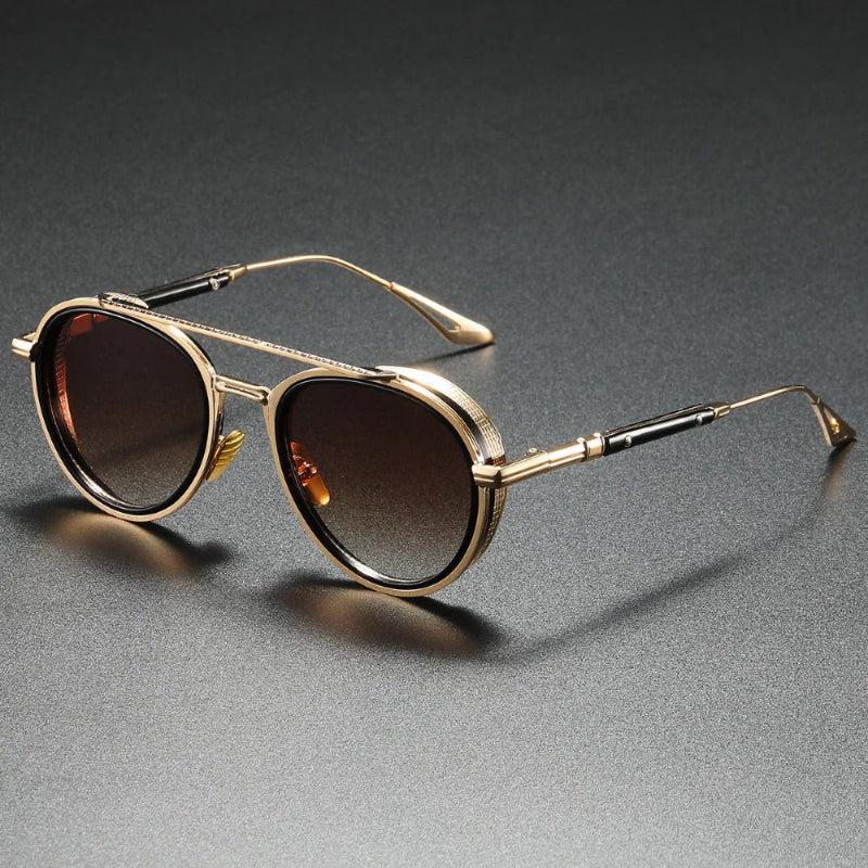 Ermenegildo Retro UV Sunglasses in Dark Brown with vintage gold frame — elegant gradient lenses for timeless masculine style.