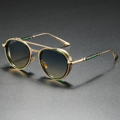 Ermenegildo Retro UV Sunglasses in Emerald Green with gold frame and green gradient lenses — luxury men’s eyewear by Polumi.