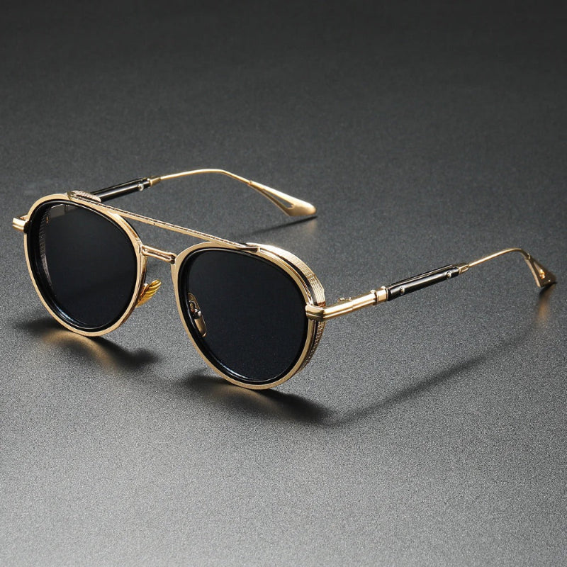 Ermenegildo Retro UV Sunglasses in Total Black with sleek gold frame — premium men’s sunglasses offering full UV protection.