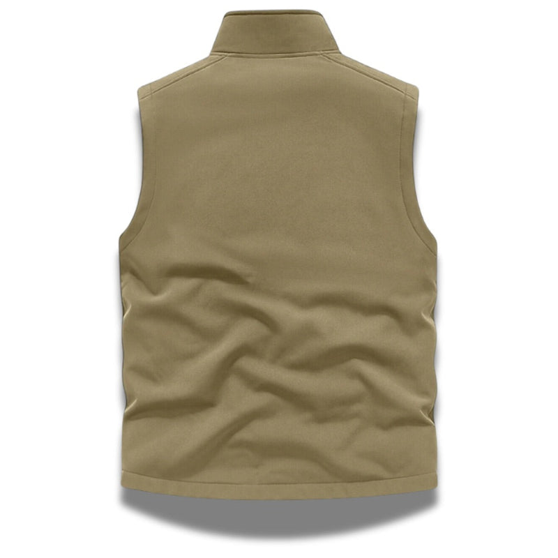 Back view of Ettore Reversible Vest in beige – men’s reversible outdoor vest with soft inner lining by Polumi.