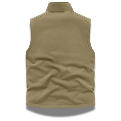 Back view of Ettore Reversible Vest in beige – men’s reversible outdoor vest with soft inner lining by Polumi.