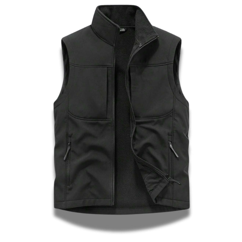 Ettore Reversible Vest in black – men’s softshell sleeveless vest with zip pockets and fleece interior by Polumi.