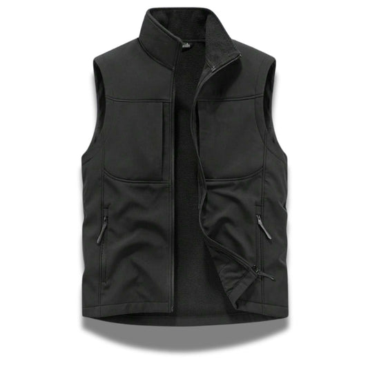 Ettore Reversible Vest in black – men’s softshell sleeveless vest with zip pockets and fleece interior by Polumi.
