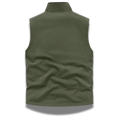Back view of Ettore Reversible Vest in green – men’s softshell vest designed for comfort and versatility by Polumi.
