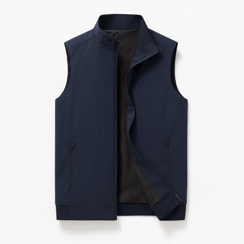 Fabio Solid Zipper Vest in navy – premium men’s sleeveless outerwear by Polumi featuring front zipper and soft mesh inner lining.