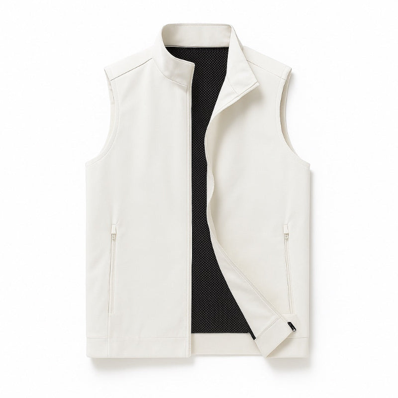 Fabio Solid Zipper Vest in white – elegant men’s sleeveless jacket by Polumi with front zipper and minimalist modern design.