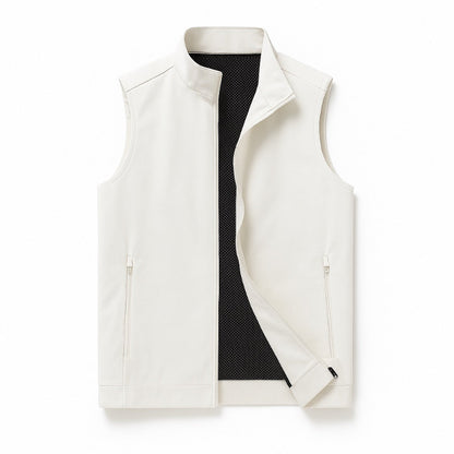 Fabio Solid Zipper Vest in white – elegant men’s sleeveless jacket by Polumi with front zipper and minimalist modern design.