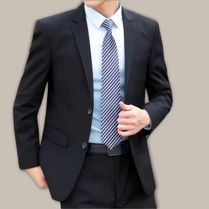 Model Wearing Firenze Black Men's Suit – Timeless Business Two-Piece Outfit with Blazer and Trousers