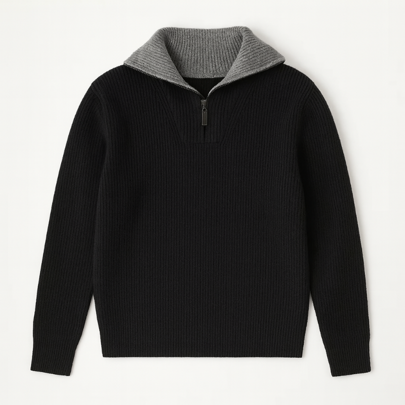 Alberto High-Neck Quarter-Zip Sweater in black – elegant men's ribbed sweater with gray contrast collar and modern half-zip design by Polumi.