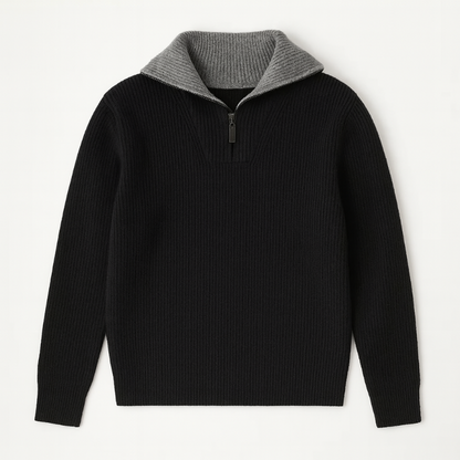 Alberto High-Neck Quarter-Zip Sweater in black – elegant men's ribbed sweater with gray contrast collar and modern half-zip design by Polumi.