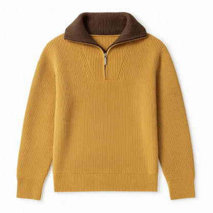 Alberto High-Neck Quarter-Zip Sweater in desert color – men's ribbed high-neck sweater with brown contrast collar and half-zip front by Polumi.