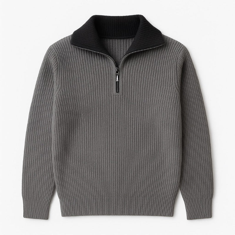 Alberto High-Neck Quarter-Zip Sweater in gray – men's premium knit high-neck sweater with black inner collar and zip detail by Polumi.