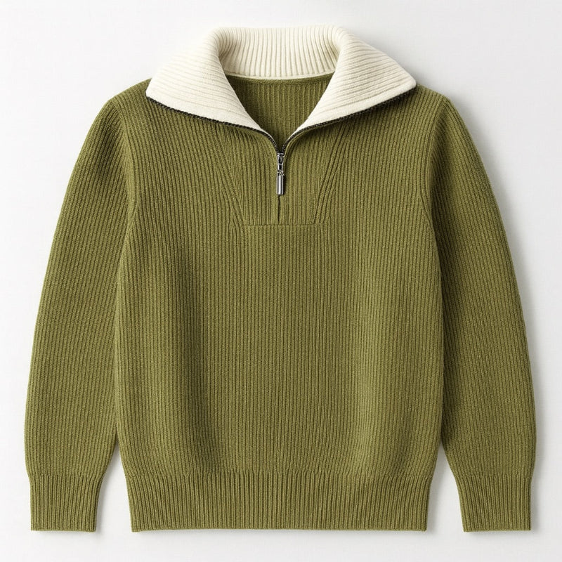 Alberto High-Neck Quarter-Zip Sweater in green – men's ribbed high-neck half-zip sweater with ivory contrast collar by Polumi.