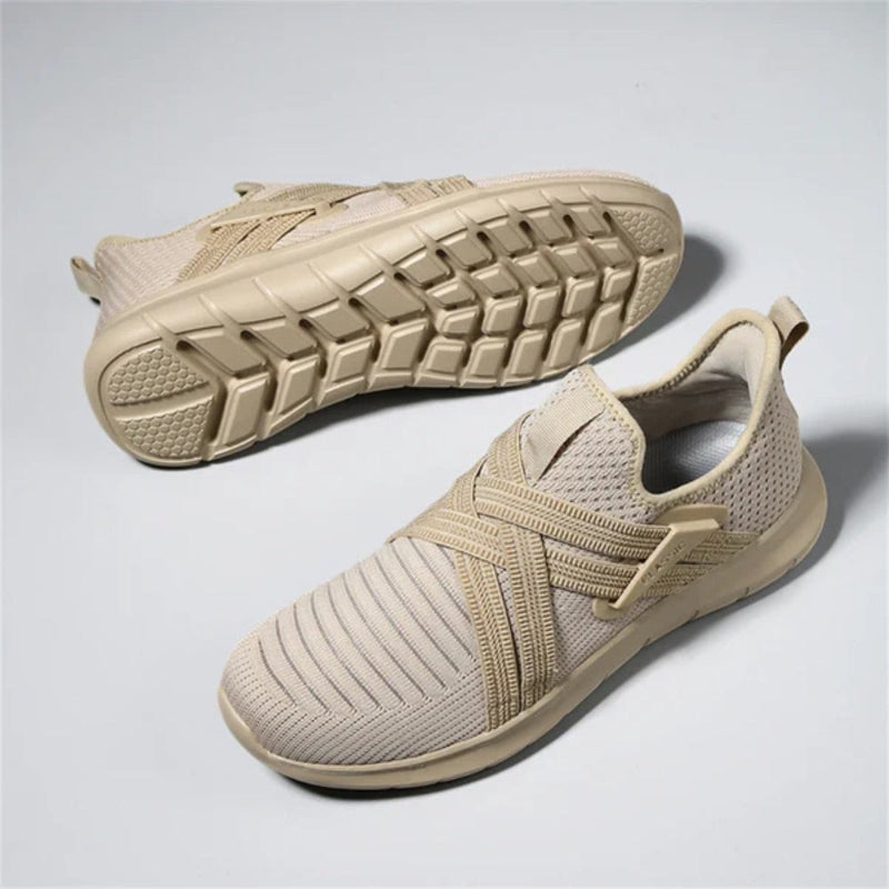 Top view of beige Francesco Premium X Sneakers, soft knit upper and flexible sole design for modern men
