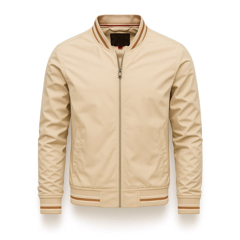 Francesco Stripe Bomber Jacket in beige – stylish men’s bomber jacket by Polumi featuring ribbed striped cuffs and casual refined look.