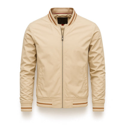 Francesco Stripe Bomber Jacket in beige – stylish men’s bomber jacket by Polumi featuring ribbed striped cuffs and casual refined look.