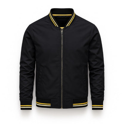 Francesco Stripe Bomber Jacket in black – timeless men’s jacket by Polumi with sporty contrast stripe accents and zip closure.