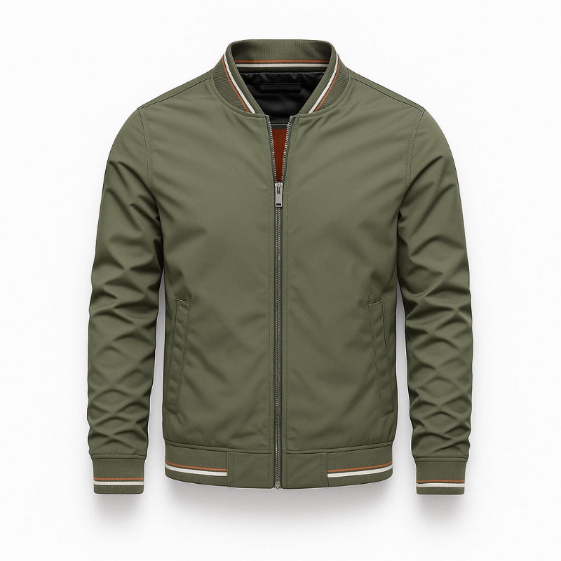 Francesco Stripe Bomber Jacket in green – premium men’s bomber by Polumi with contrast striped details and lightweight texture.