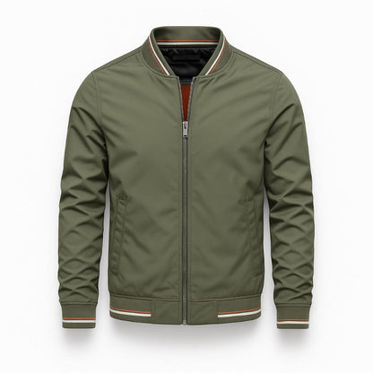 Francesco Stripe Bomber Jacket in green – premium men’s bomber by Polumi with contrast striped details and lightweight texture.