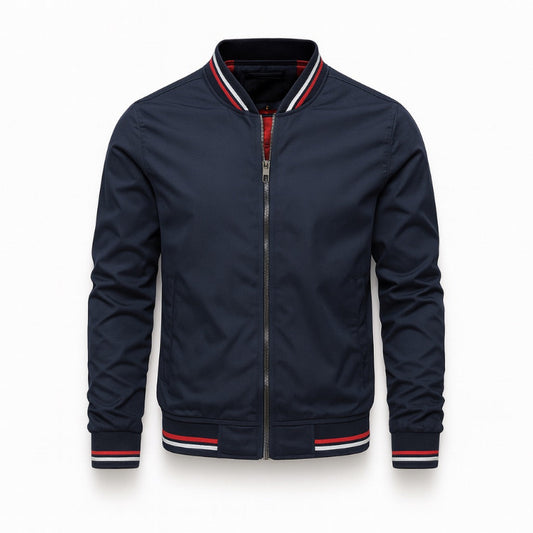 Francesco Stripe Bomber Jacket in navy – elegant lightweight men’s jacket by Polumi with striped collar and modern slim fit.