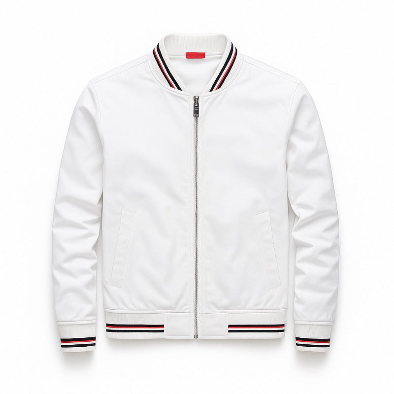 Francesco Stripe Bomber Jacket in white – minimalist men’s bomber by Polumi with modern athletic-inspired striped collar and hem.