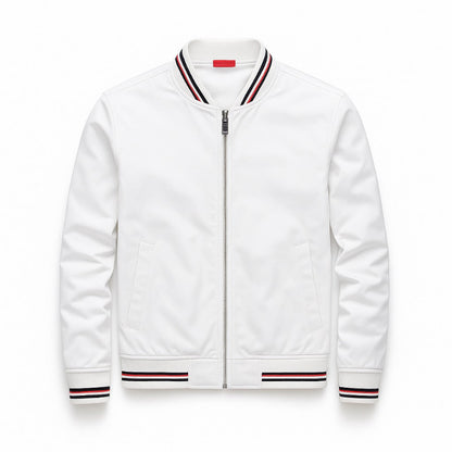 Francesco Stripe Bomber Jacket in white – minimalist men’s bomber by Polumi with modern athletic-inspired striped collar and hem.