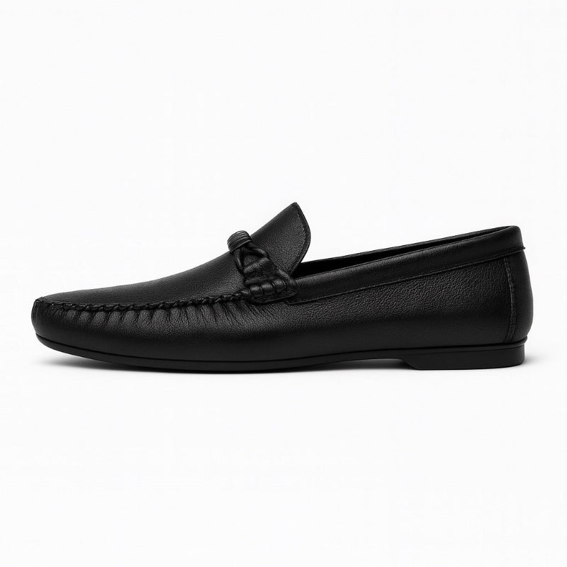 Genuine Leather Moccasin in hammered black – premium men's leather loafer with hand-stitched detailing, bow accent and refined side profile by Polumi.