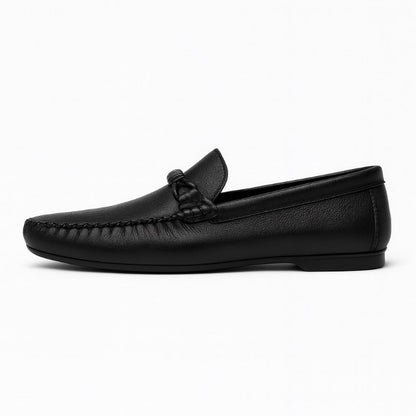 Genuine Leather Moccasin in hammered black – premium men's leather loafer with hand-stitched detailing, bow accent and refined side profile by Polumi.