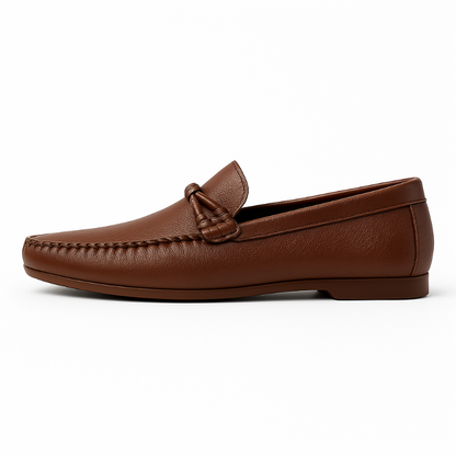 Genuine Leather Moccasin in hammered brown – handcrafted men's moccasin with soft leather finish, stitched edges and elegant bow design by Polumi.