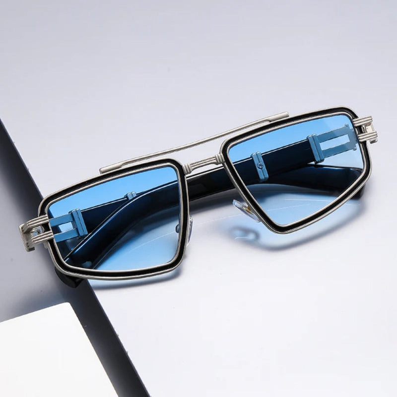 Retro geometric sunglasses unisex with silver frame and blue lenses – elegant casual eyewear for men and women.