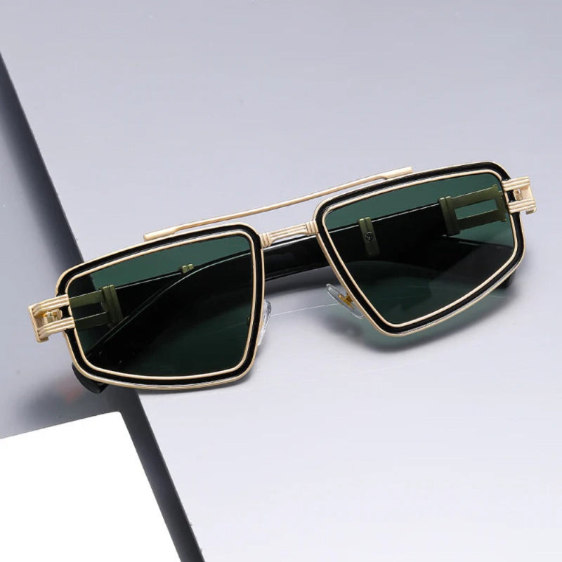 Geometric sunglasses for men and women with gold frame and dark green lenses – modern luxury unisex eyewear.