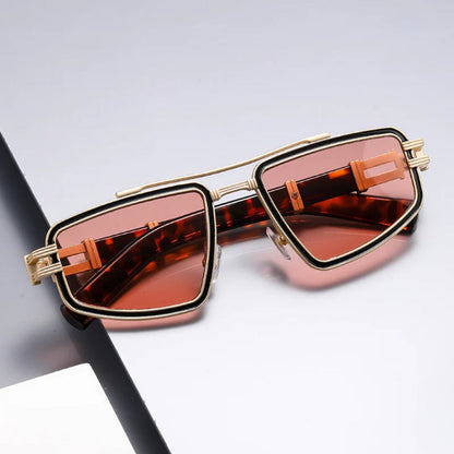 Fashion geometric sunglasses unisex with gold frame and red tinted lenses – stylish and trendy eyewear for men and women.