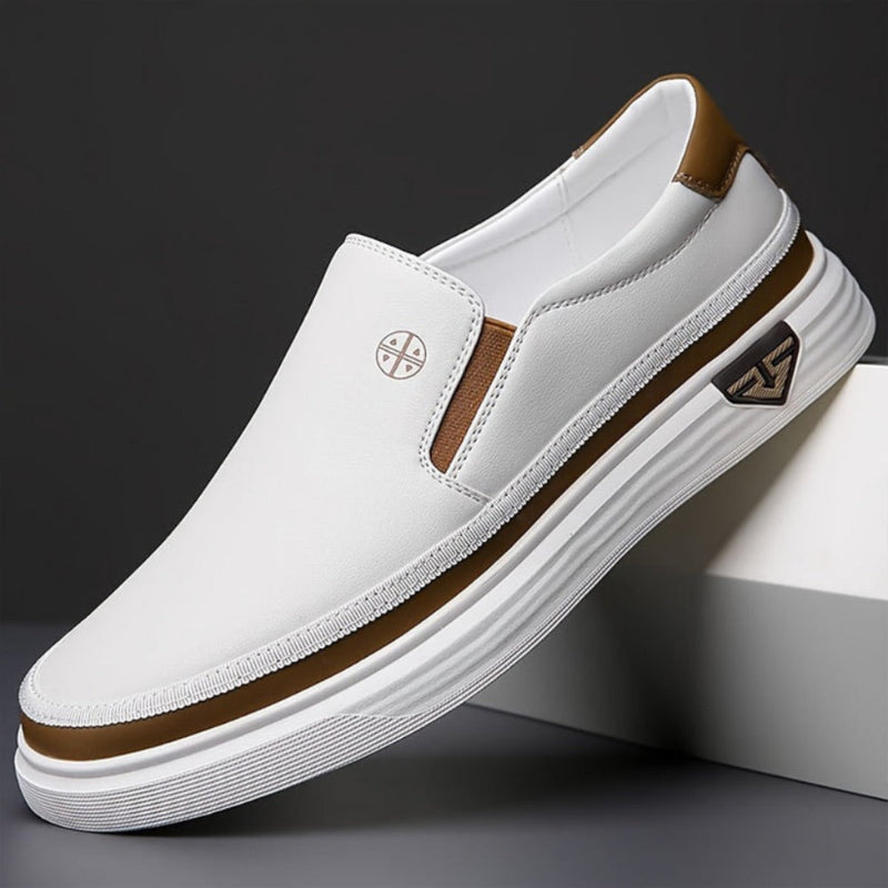 Giacomo Comfort Shoes in white with brown details, slip-on men's sneakers by Polumi.