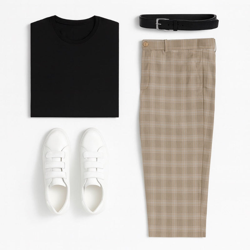 Flat lay of Giacomo Timeless Check Pants in beige paired with black T-shirt, black belt, and white sneakers – Polumi modern men’s outfit inspiration.