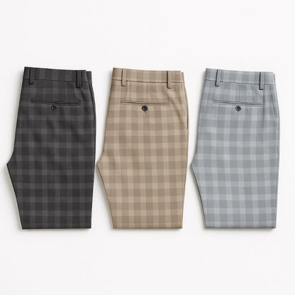 Back view of Giacomo Timeless Check Pants in gray, beige, and sky blue – Polumi elegant men’s checkered trousers collection.”