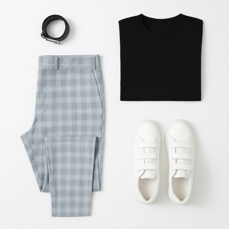 Flat lay of Giacomo Timeless Check Pants in sky blue paired with black T-shirt, black belt, and white sneakers – Polumi modern men’s outfit inspiration.