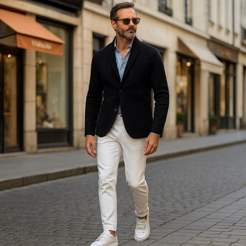 Giancarlo Soft Knit Blazer in black with premium soft knit fabric and slim silhouette – Polumi modern men’s blazer.